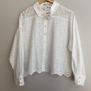 NWT Zara White Eyelet Long-Sleeve Collar Shirt